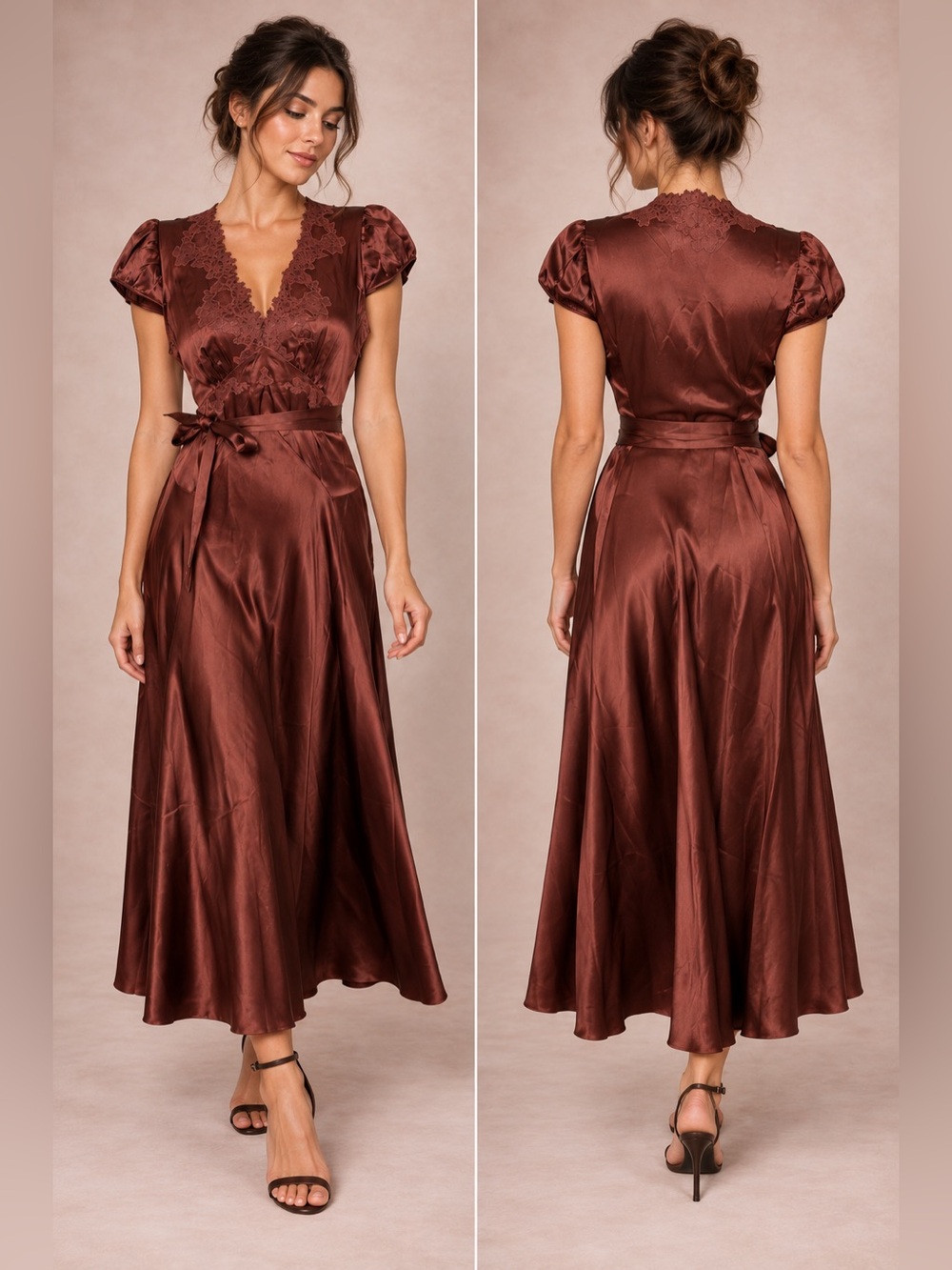 Doen Chocolate Brown Satin Lace-Trim Midi Dress
